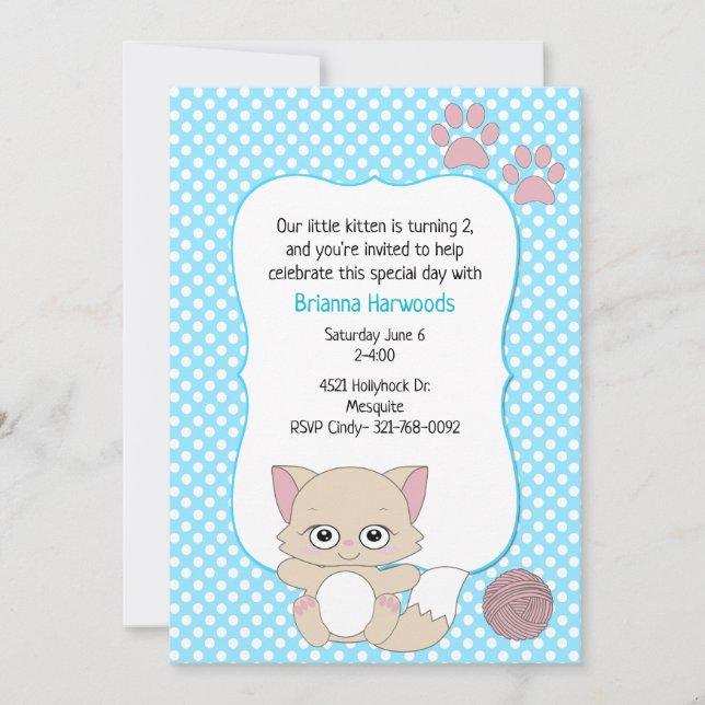 Invitation Cute Girls Kitten Thème Anniversaire (Devant)