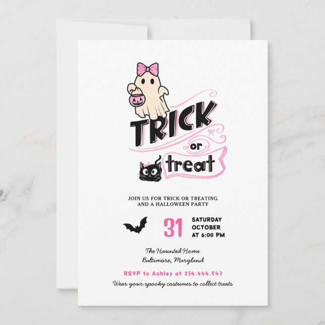 Invitation Cute Girly Ghost Trick or Treat Halloween Cat Pink (Devant)