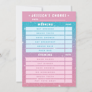 Invitation Cute Girly Pink Blue Glitter Kids Daily Chores 