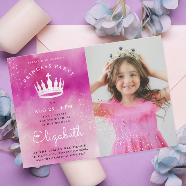 Invitation Cute Girly Princess Crown Rose Photo Aquarelle (Créateur téléchargé)
