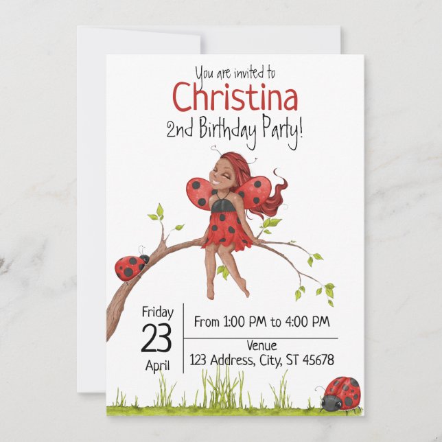 Invitation Cute Girly Whimsical LadyBug 2e anniversaire (Devant)