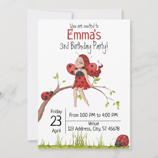 Invitation Cute Girly Whimsical LadyBug 3e anniversaire (Devant)