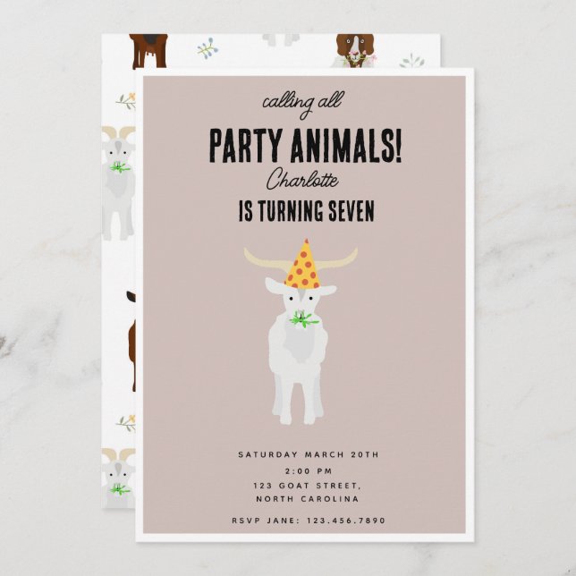 Invitation Cute Goats Farm Party Animals Goat Birthday Theme (Devant / Derrière)