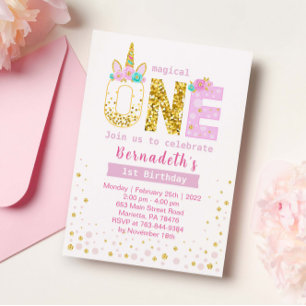 Invitation Cute Gold et Pink Confetti Unicorn 1er anniversair