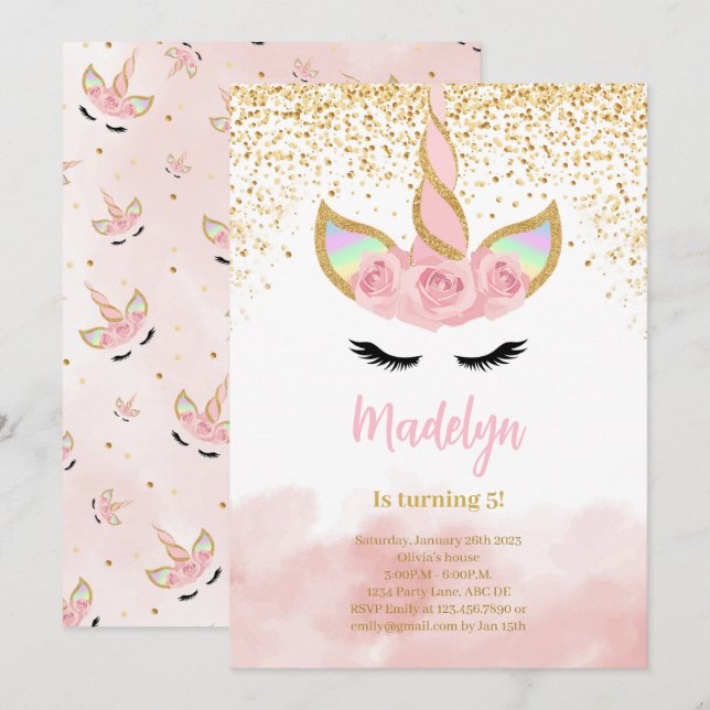 Invitation Cute Gold Parties scintillant Unicorn Anniversaire (Devant / Derrière)