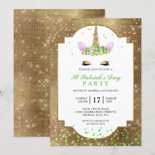 Invitation Cute Gold Unicorn St Patrick's Day Party