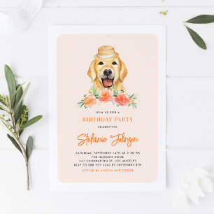 Invitation Cute Golden Retriever Peach Floral Anniversaire de