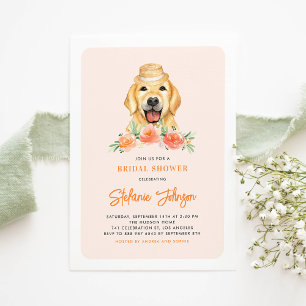 Invitation Cute Golden Retriever Peach Floral Fête des mariée