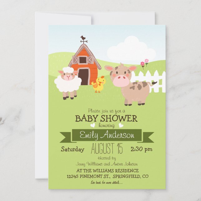 Invitation Cute Grange & Animaux de ferme, Baby shower à thèm (Devant)