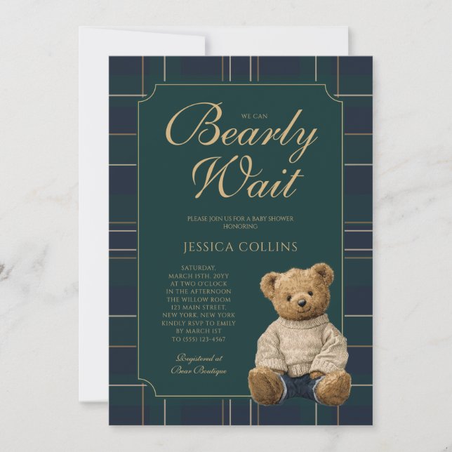 Invitation Cute Green and Blue We Can Bearly Wait Baby Shower (Devant)