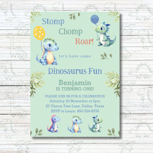 Invitation Cute Green Boy Dinosaur 1er anniversaire