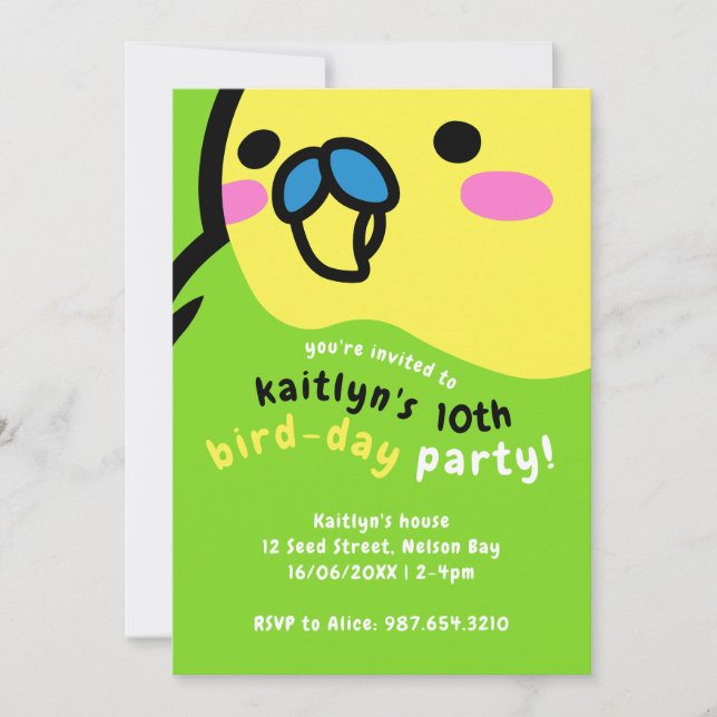 Invitation Cute Green Budgie Enfants 10e fête d'anniversaire (Devant)