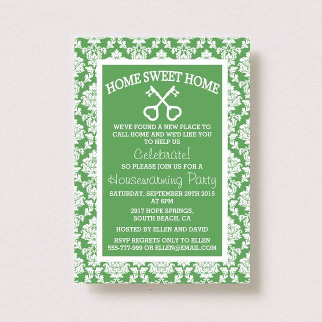 Invitation Cute Green Damask Home Sweet Home Ménage domestiqu (Créateur téléchargé)