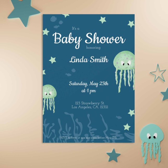Invitation Cute Green Jellyfish Neutral Baby Shower (Créateur téléchargé)