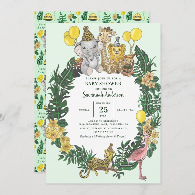 Invitation Cute Green Safari Animaux Baby shower Garçon (Devant / Derrière)