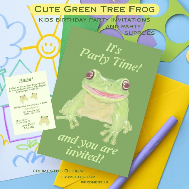 Invitation Cute Green Tree Frog - texte complet de la fête d' (Créateur téléchargé)