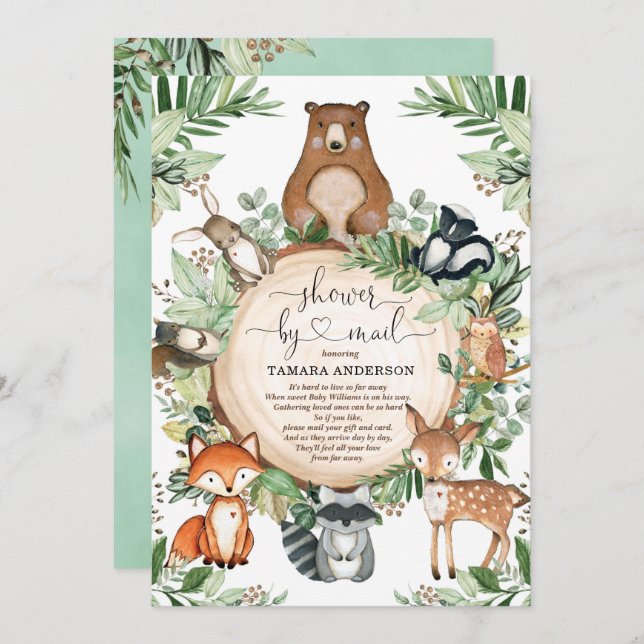 Invitation Cute Greenery Woodland Wild Animaux Douche Par Cou (Devant / Derrière)