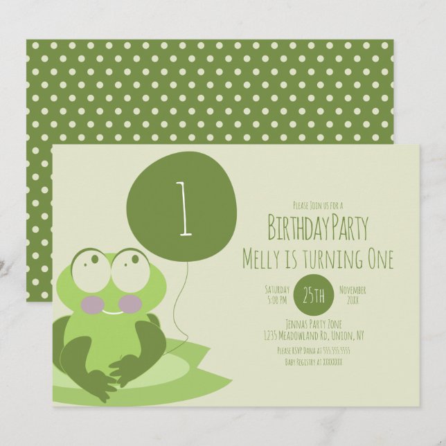 Invitation Cute Grenouille Anniversaire Ballotte Greener Lily (Devant / Derrière)
