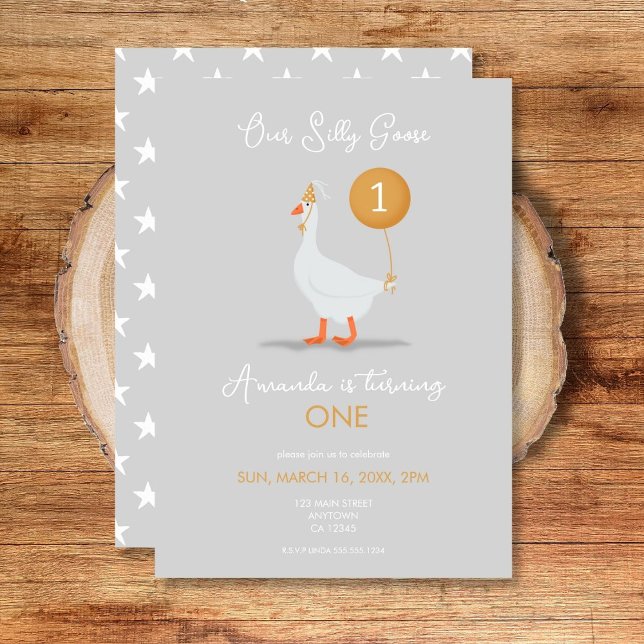 Invitation Cute Grey and Yellow Silly Goose 1er anniversaire (Créateur téléchargé)