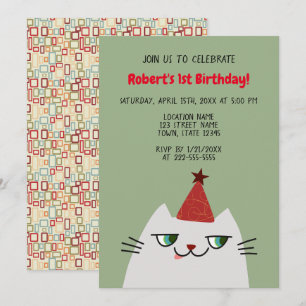 Invitation Cute Grey Chat 1er anniversaire
