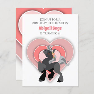 Invitation Cute Grey Pony et Coeurs Rose Cheval Anniversaire