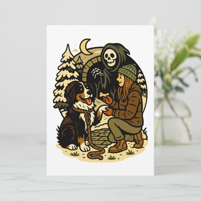 Invitation Cute Grim Reaper Girl and Dog Spooky Forest Night (Debout devant)
