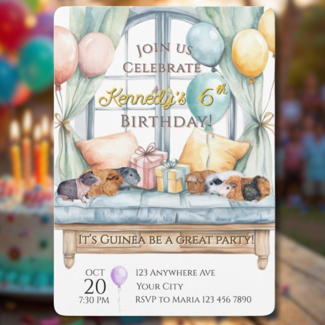 Invitation Cute Guinea Pig Watercolor Birthday Party (Créateur téléchargé)