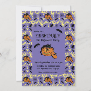 Invitation Cute Halloween Chats, chauves-souris et étoiles In
