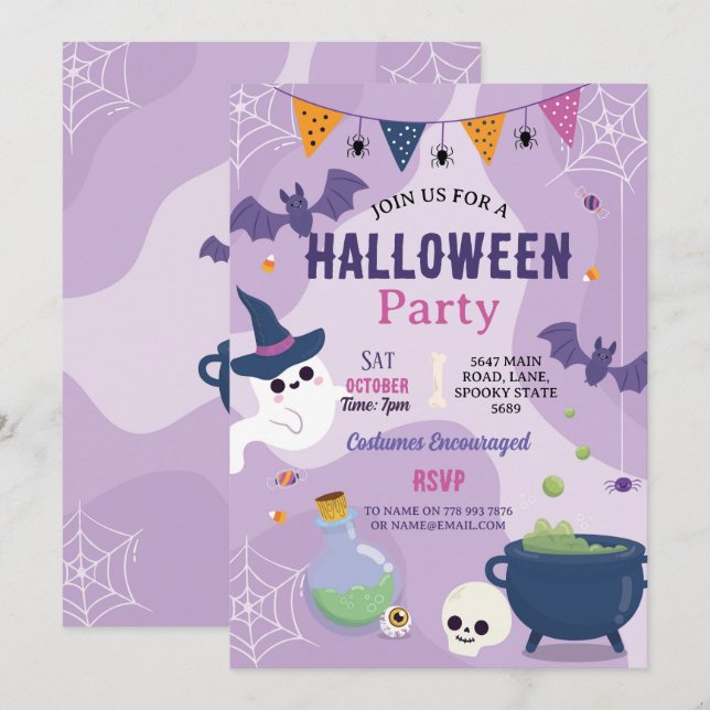 Invitation Cute Halloween Fantômes Fête Citrouilles Filles (Devant / Derrière)