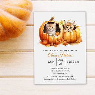 Invitation Cute Halloween Kitten en Baby shower Citrouille