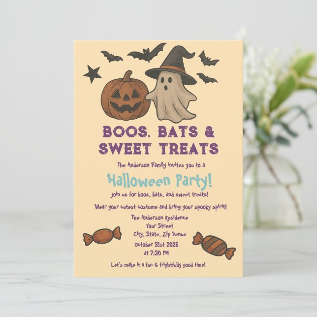 Invitation Cute Halloween - Pastel Citrouille & Candy Party (Debout devant)