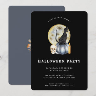 Invitation Cute Halloween Watercolor Cat Moon Party