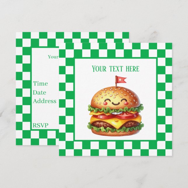 Invitation Cute hamburger cuisine party personnalisable (Devant / Derrière)