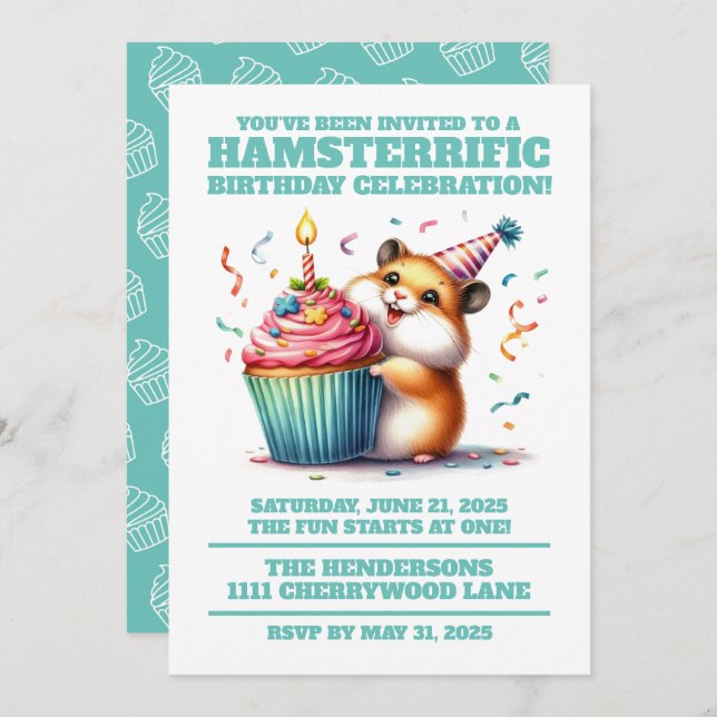 Invitation Cute Hamster Lifting Cupcake Hamsterrific Annivers (Devant / Derrière)
