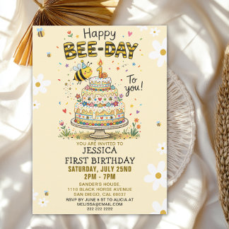 Invitation Cute Happy Bee-Day 1st Birthday for Kids