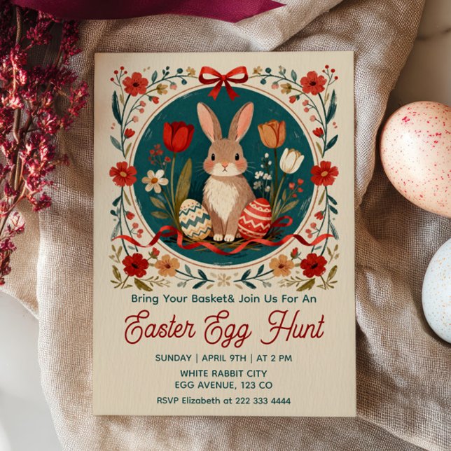 Invitation Cute Hare with Eggs Floral Easter Egg Hunt  (Créateur téléchargé)