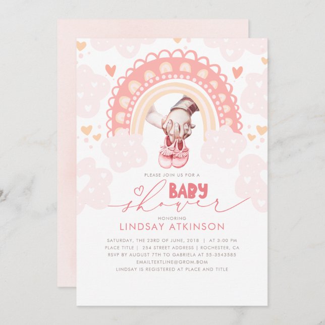 Invitation Cute Heart Boho Rainbow Baby shower rose (Devant / Derrière)