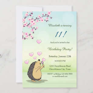 Invitation Cute Hedgehog Cherry Blossom Fille Anniversaire