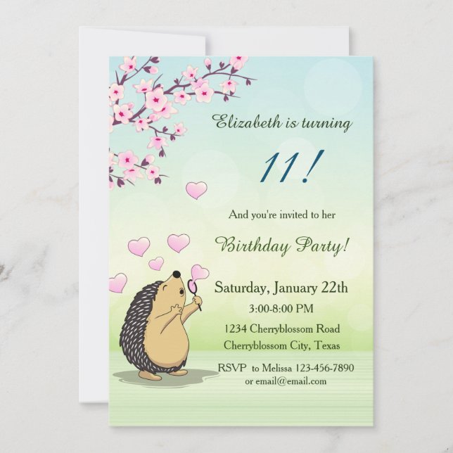 Invitation Cute Hedgehog Cherry Blossom Fille Anniversaire (Devant)