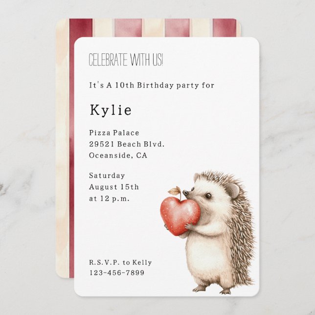 Invitation Cute Hedgehog Coeur animal Anniversaire (Devant / Derrière)