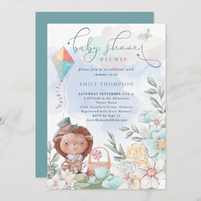Invitation Cute Hedgehog Florals Baby shower pique-nique garç (Devant / Derrière)