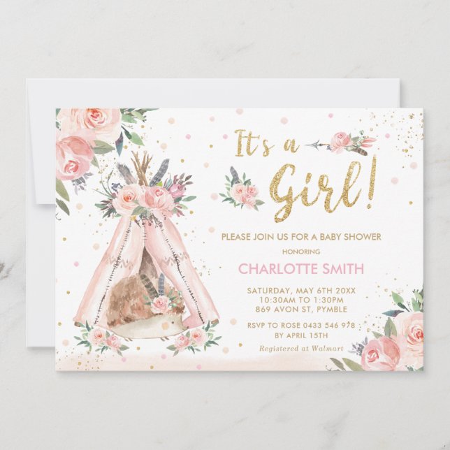 Invitation Cute Hedgehog Tribal Blush Floral Girl Baby shower (Devant)