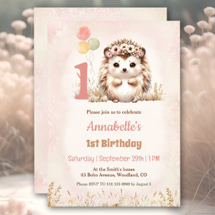 Invitation Cute Hedgehog Woodland Boho Girl 1er anniversaire