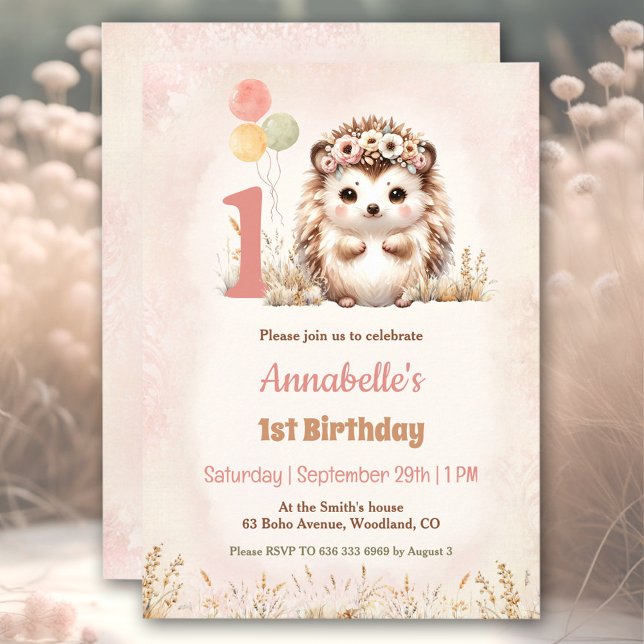 Invitation Cute Hedgehog Woodland Boho Girl 1er anniversaire (Cute Hedgehog Woodland Boho Girl 1st Birthday Invitation)
