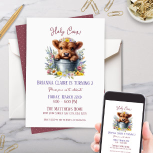Invitation Cute Highland Cow avec Anniversaire de enfant Fleu