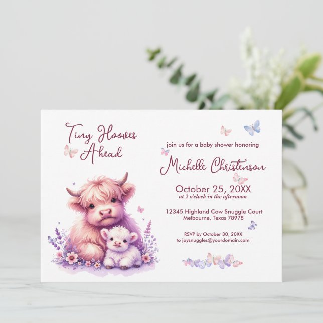 Invitation Cute Highland Cow Baby shower Floral (Debout devant)
