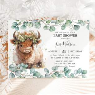 Invitation Cute Highland Cow Eucalyptus Baby shower vert