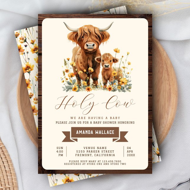 Invitation Cute Highland Cow Jaune Baby shower Fleur sauvage (Créateur téléchargé)