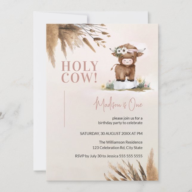 Invitation Cute Highland Cow Pampas Ferme 1er anniversaire (Devant)