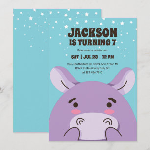Invitation Cute Hippo Cartoon Animal Safari Anniversaire de e
